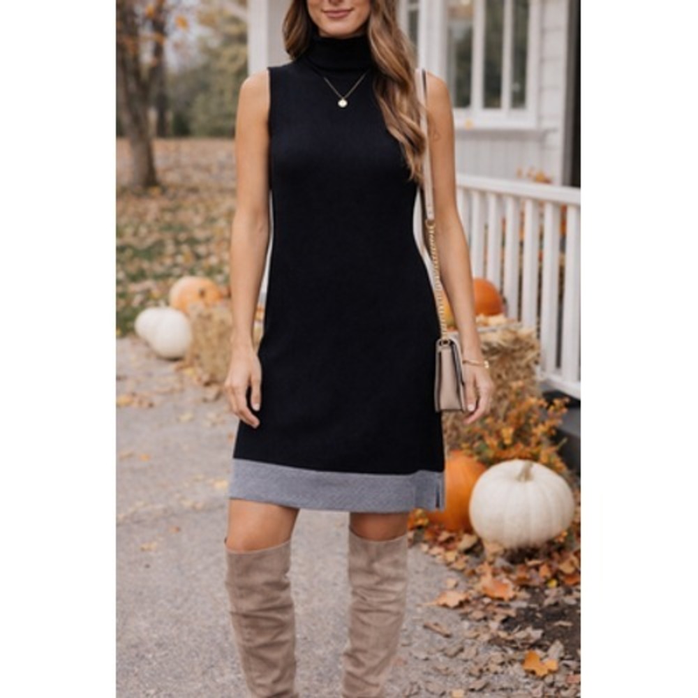 Athleta Merino‎ Wool Sweater Dress Sleeveless Turtleneck Black Gray L